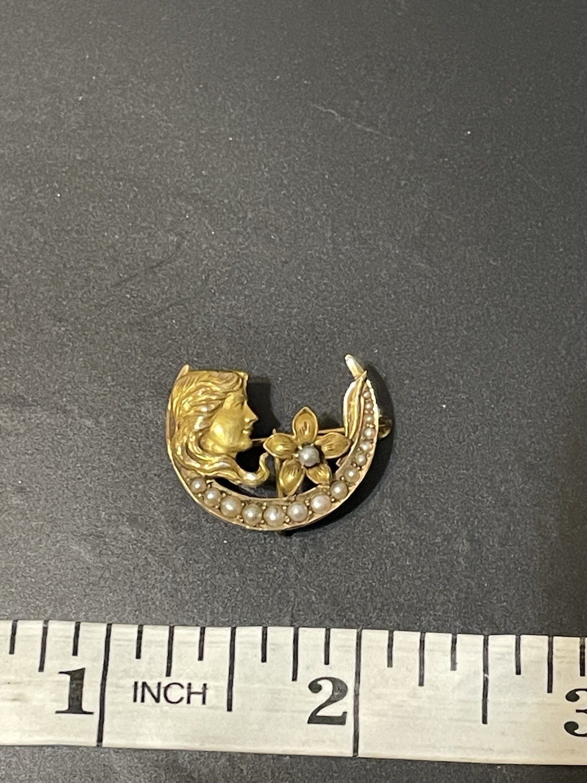 Vtg Brooch Pin Art Nouveau Deco 14K Gold Sees Pearl Woman Crescent Moon Flower