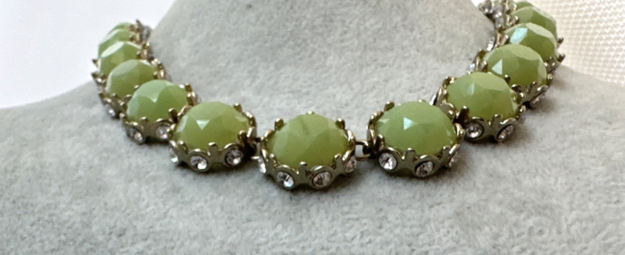 GORGEOUS! Green Lucite? Gold Victorian Revival chain Necklace Metal Jewelry Boho