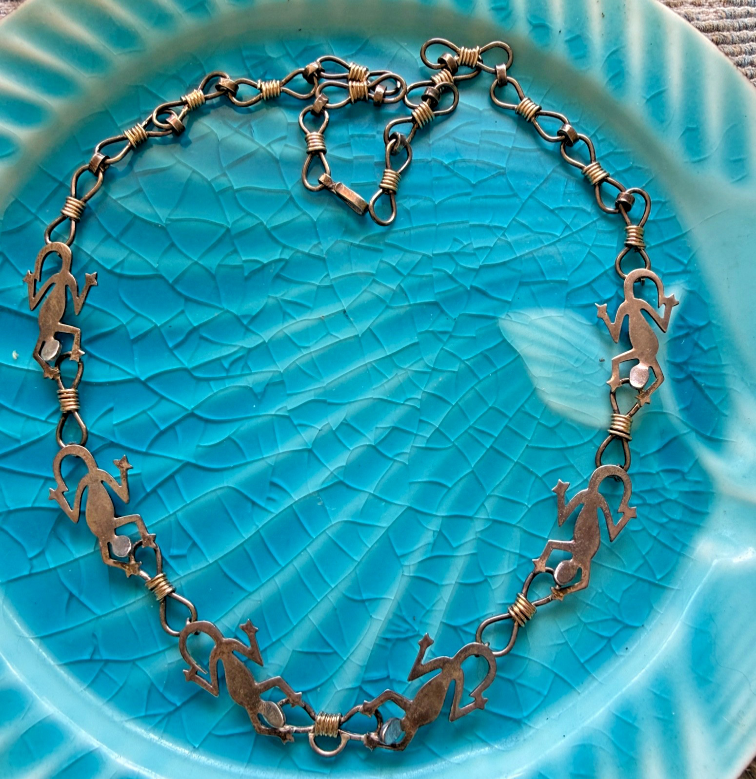 Spectacular VTG sterling & 18k yellow gold plated Mexican lizard iguana necklace