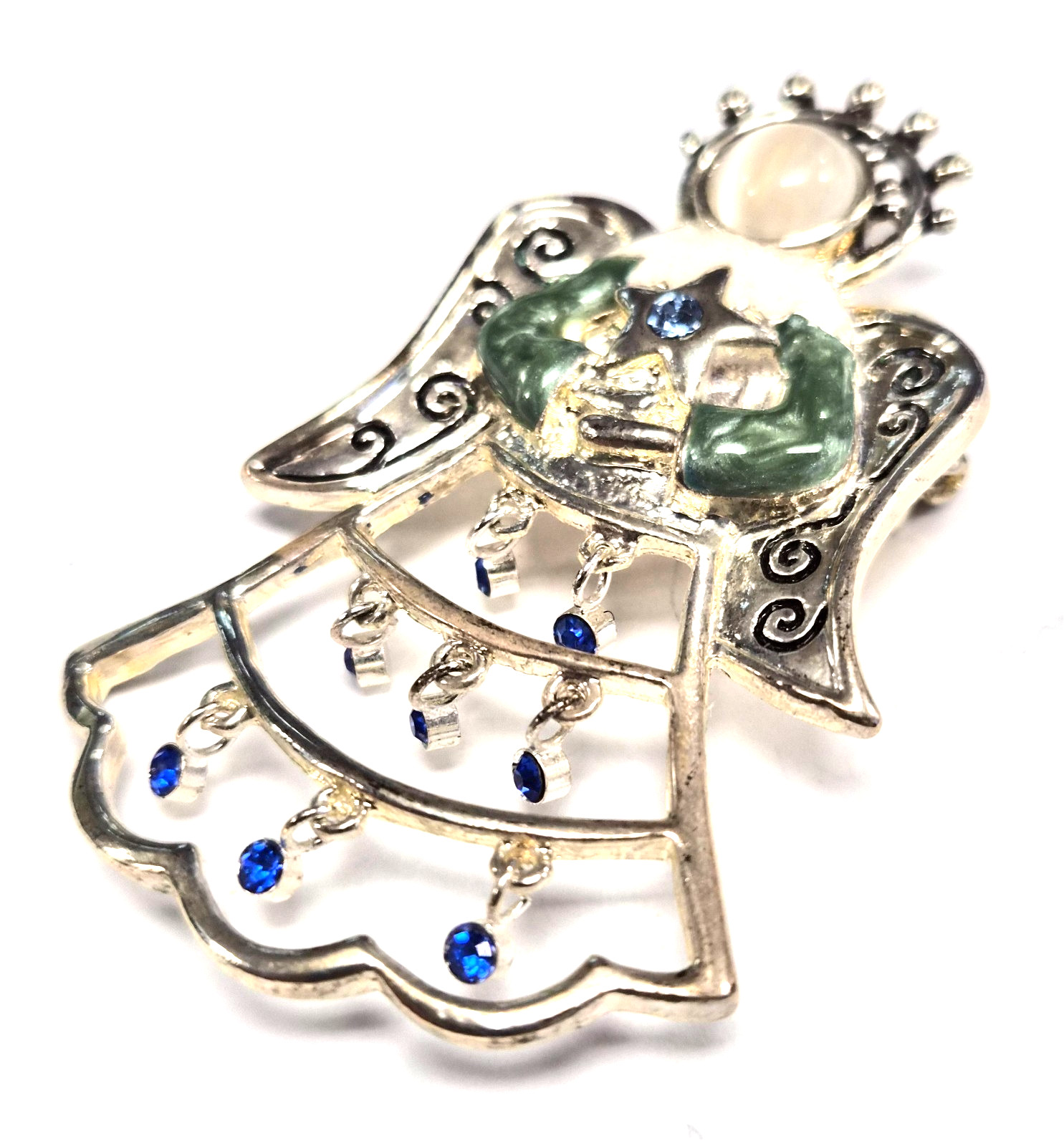 Estate Christmas Holiday Angel With Wings Blue Rhinestone Dangles Pin / Brooch