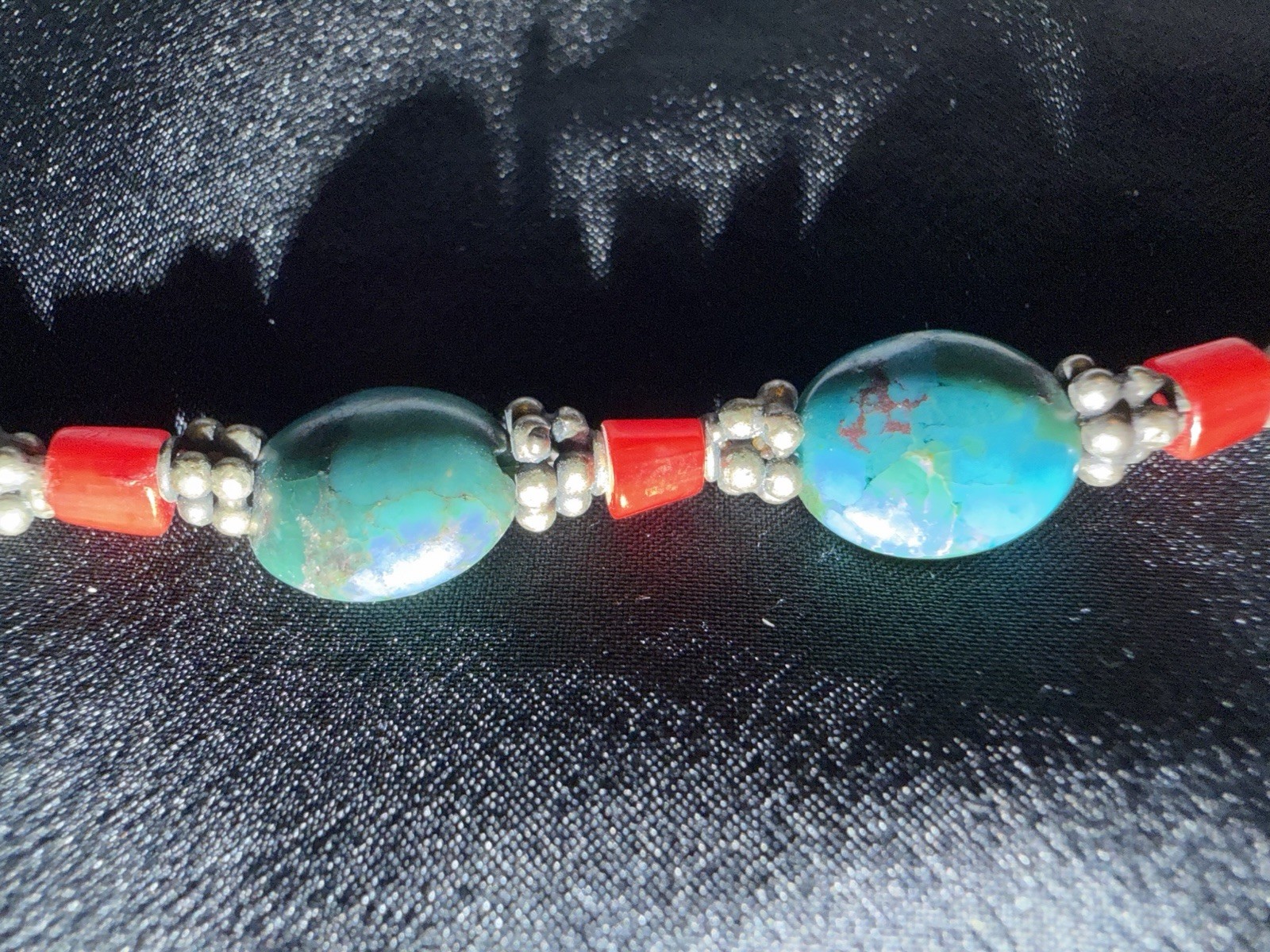 Vintage Turquoise And Natural Blood Red Coral & Pewter Silver 925 Clasp 16”
