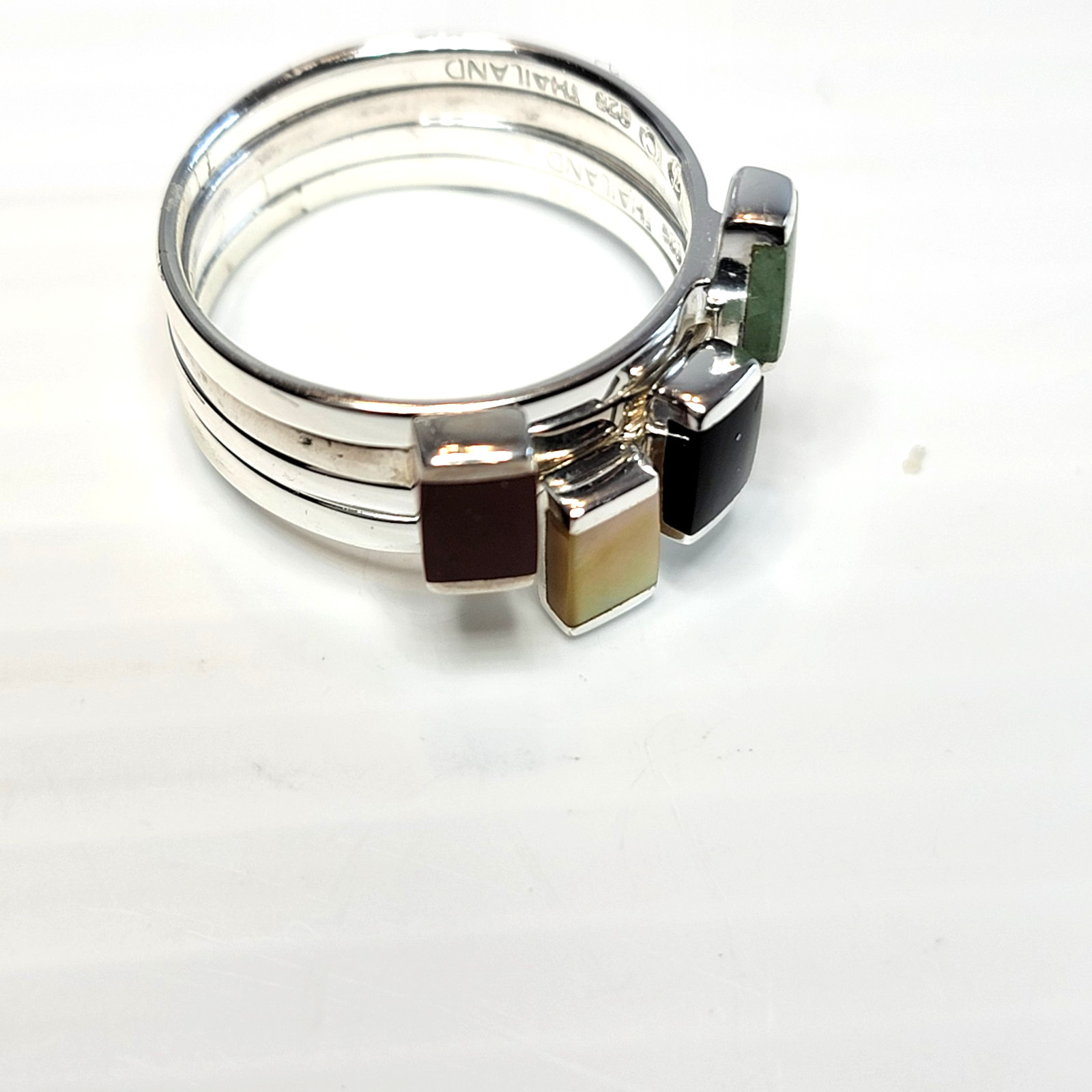 VTG Sterling Silver 925 Inlay Rings Set Of 4, Size 10, Stackable Onyx Aventurine