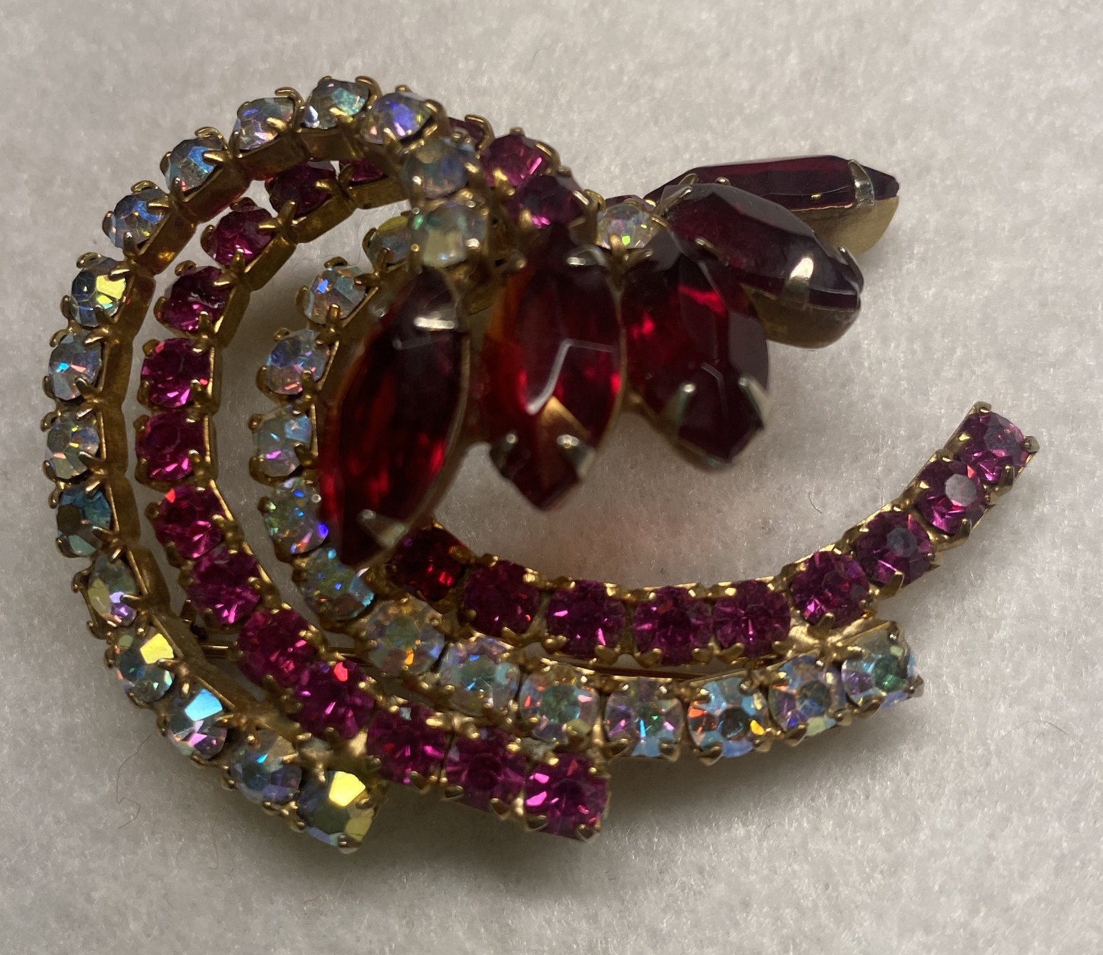 Vintage Red, Pink & Clear AB Rhinestone Brooch & Earrings in Gold Tone Setting