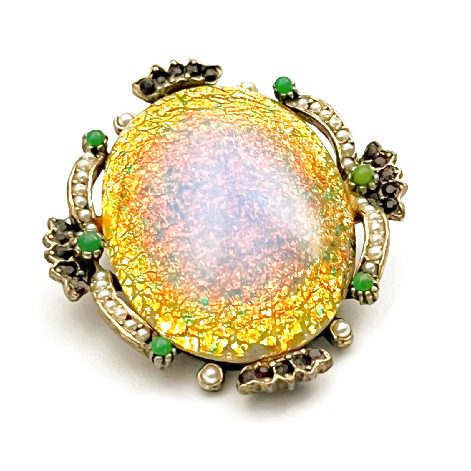 Dragons Breath Brooch Faux Garnets Seed Pearls Jade Vintage 1960s