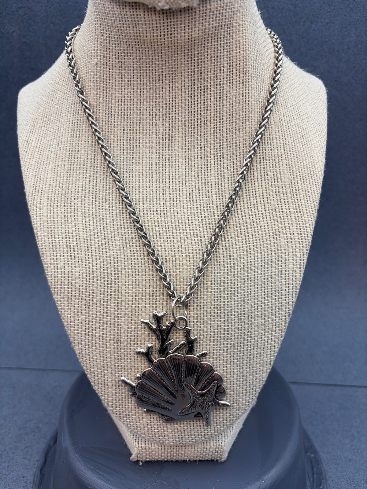 Nautical Pendant Necklace Silver Shell Starfish Coral Beach Vacation Travel