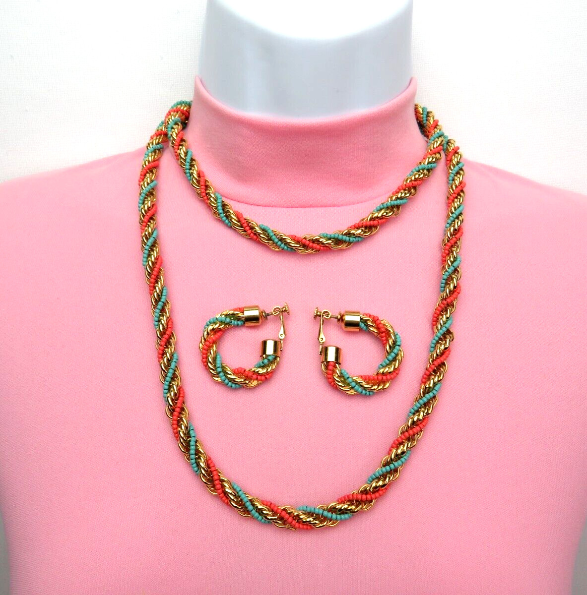 VTG 1950s 60s DOUBLE STRAND EGYPTIAN REVIVAL RUNWAY NECKLACE & EARRINGS GOLDEN