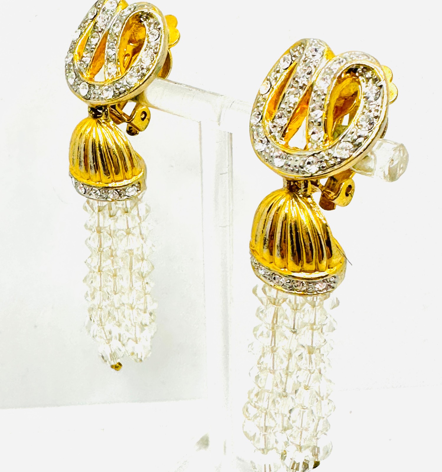 Vtg Fab 1980s Crystal Rhinestone Tassel Dangle Statement Gold Tone Earrings