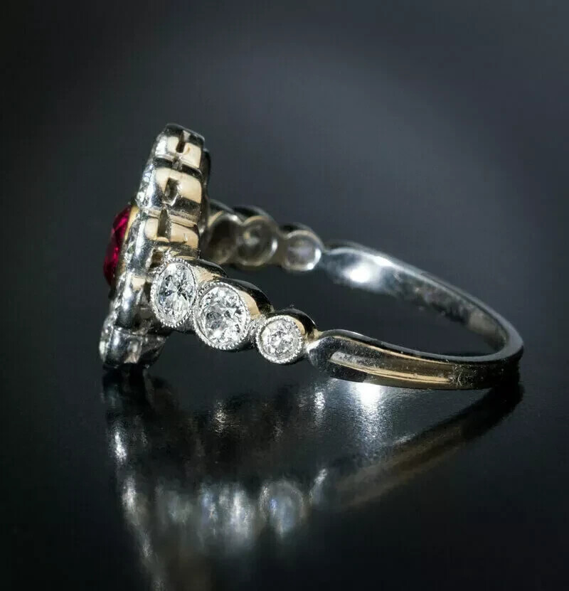 Vintage Art Deco Oval Ruby Lab Created Diamond 14K White Gold FN Engagement Ring