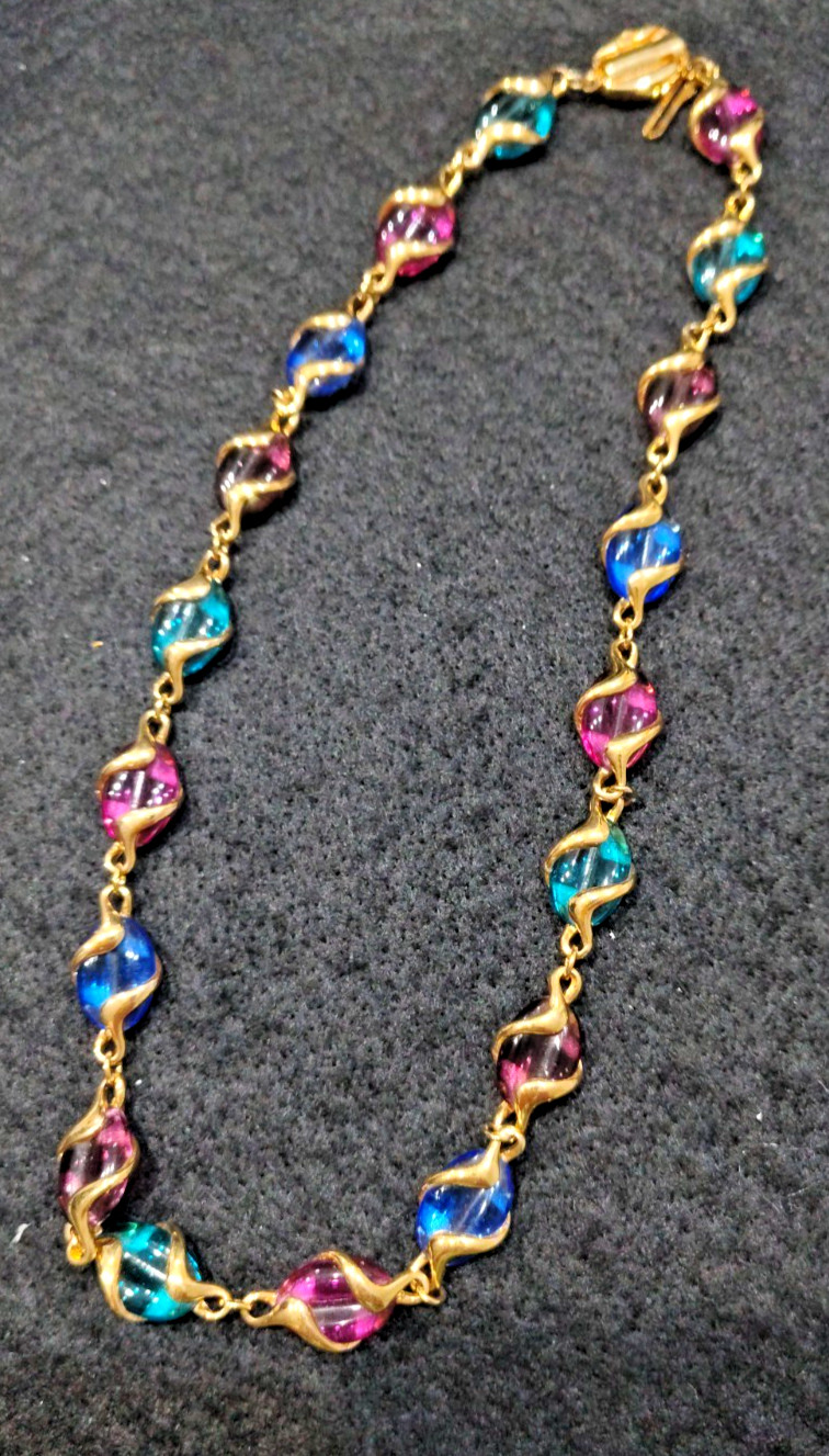 Vintage Swarovski Multicolor Crystal Caged Bead Necklace Gold Tone Signed Swan