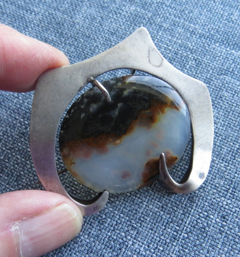 UNUSUAL VINTAGE BILL TENDLER STERLING SILVER & AGATE MODERNIST BROOCH PIN
