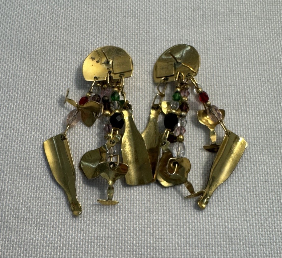 Lunch At The Ritz Wine List Earrings Crystal Enamel Dangle Pierced Ears