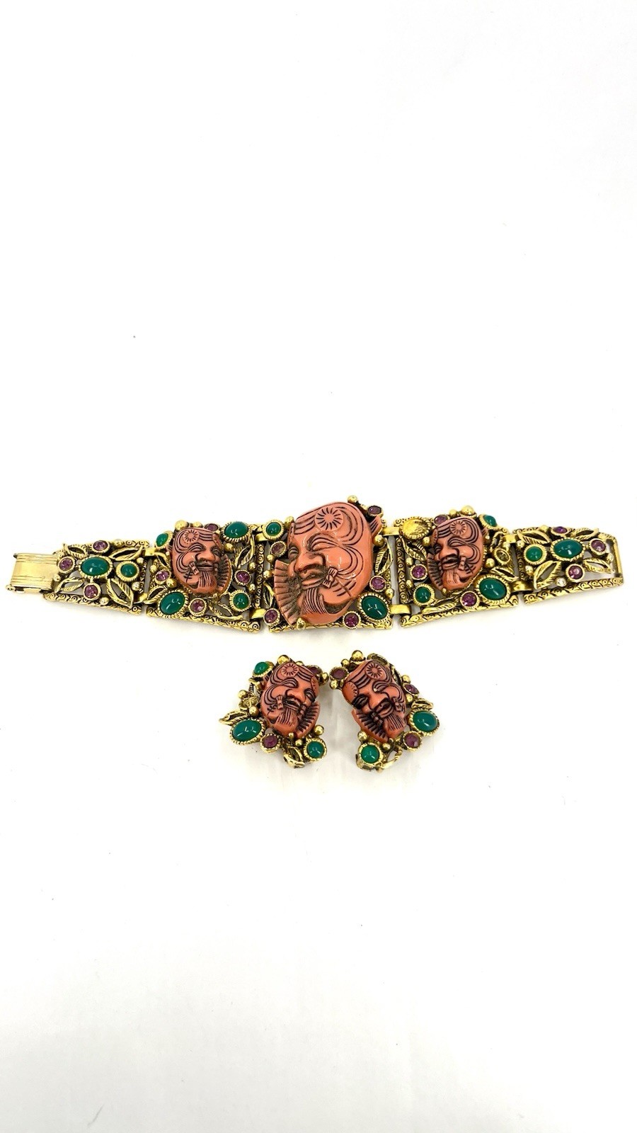 Vintage Selro Selini Faux Coral Noh Face Bracelet & Earring Set Needs Repair