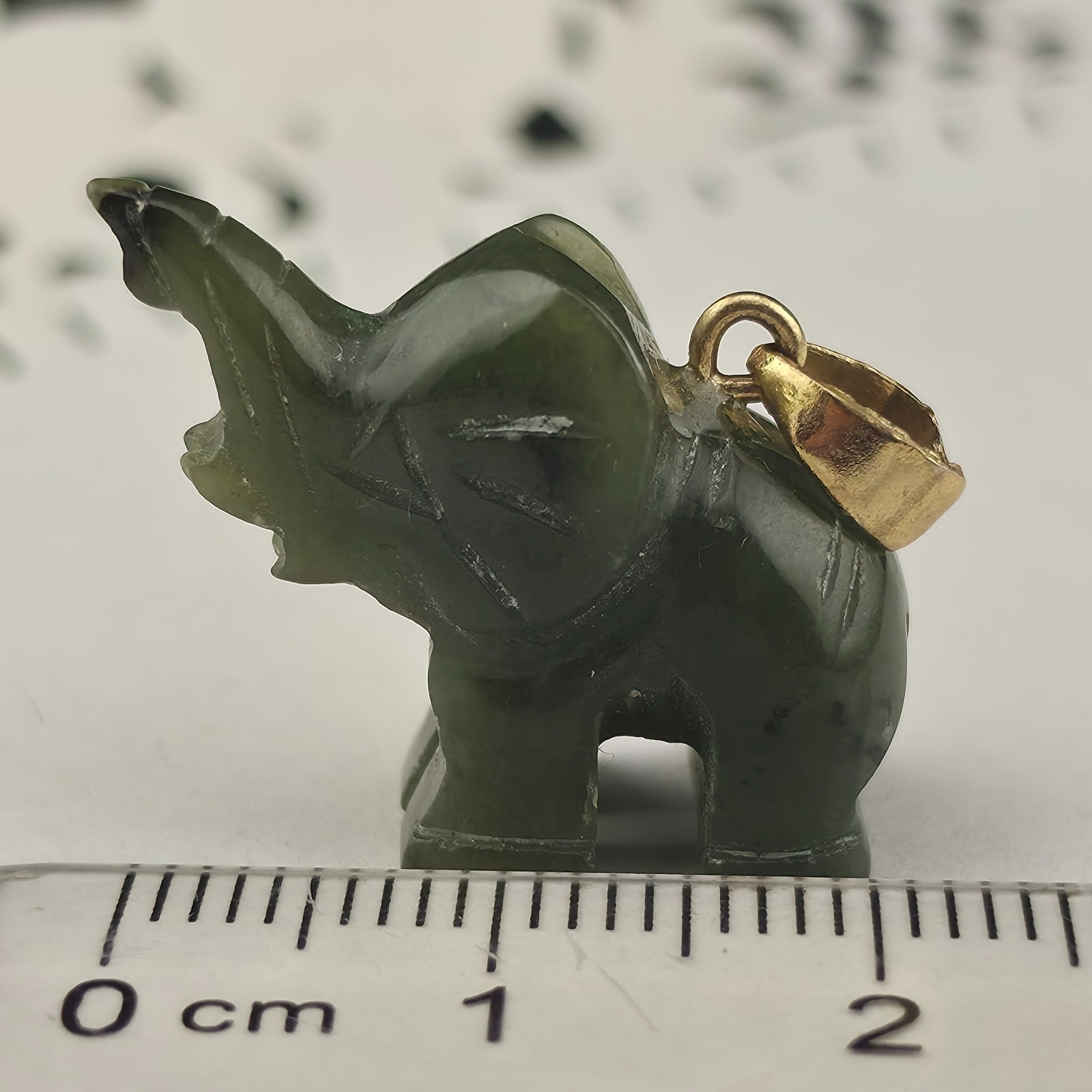 Vintage 28mm Dark Green Nephrite Jade Lucky Elephant Trunk Up Pendant Gold Fill