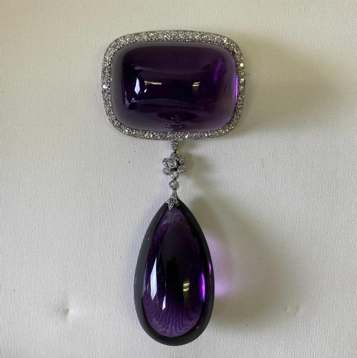 Victorian Amethyst & Diamond Drop Dangle Brooch Pendant 925 Silver Antique Gift