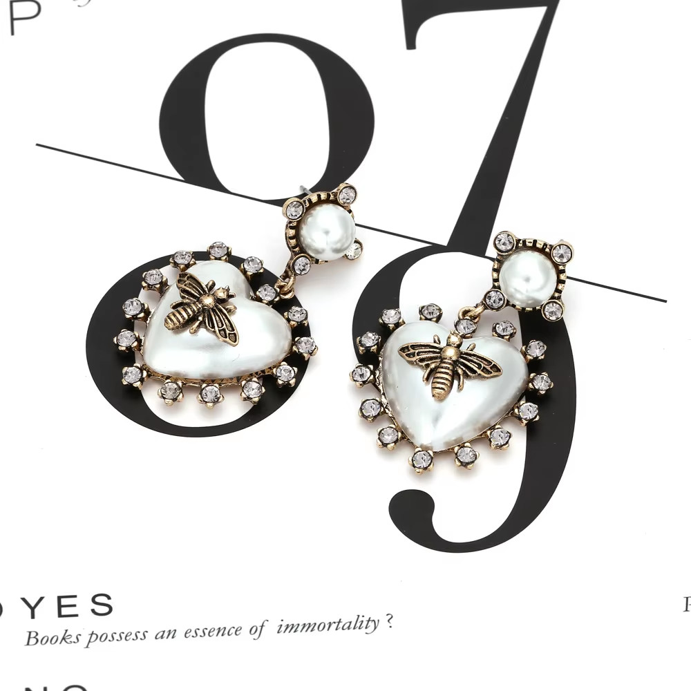 Heart Shaped Pearl Bee Earrings Gold Victorian Wedding Bridal Statement Jewelry
