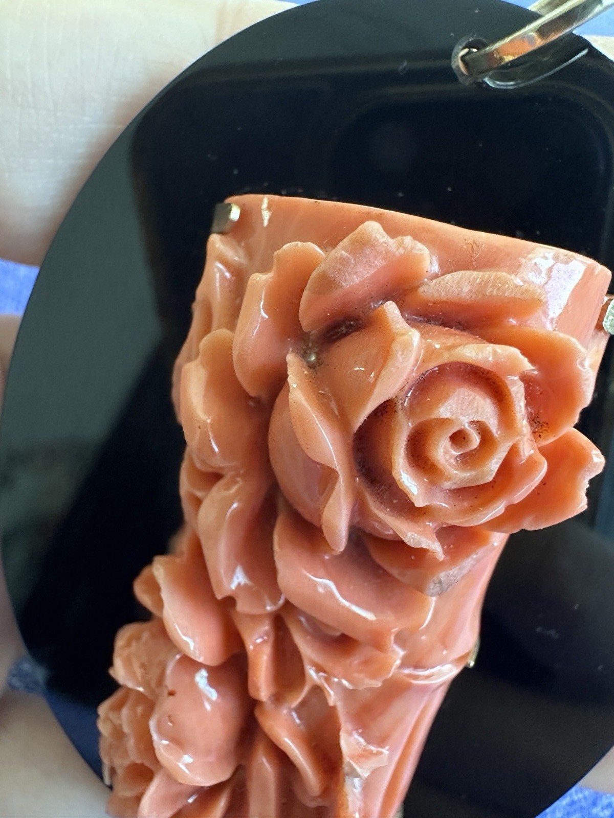 Vintage Natural Coral Carved Rose Pendant Black Onyx Estate Jewelry