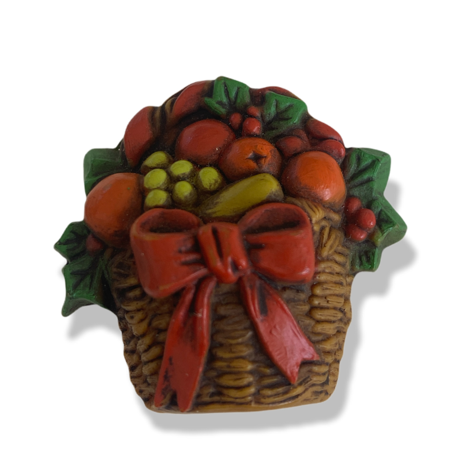 Vintage Hallmark Fruit Basket Brooch Pin wicker basket with fruit and bow