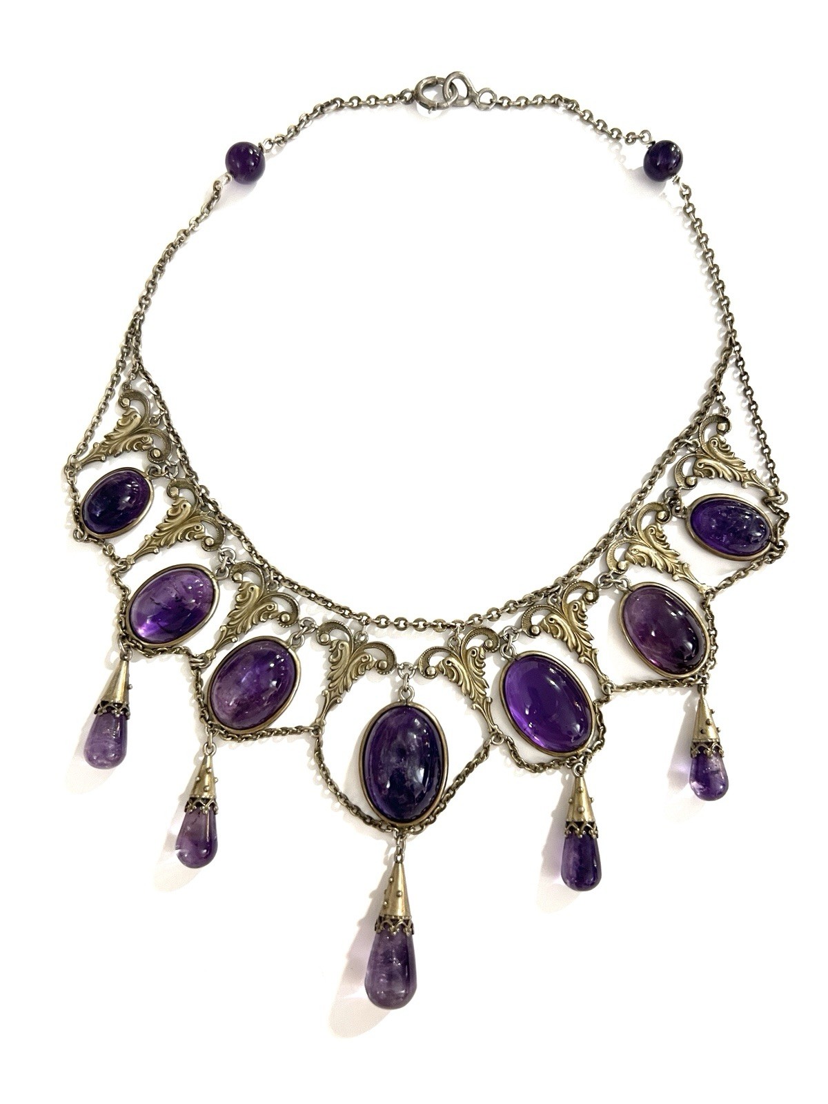 ANTIQUE VICTORIAN STERLING SILVER GILT LARGE AMETHYSTS NECKLACE CHOCKER