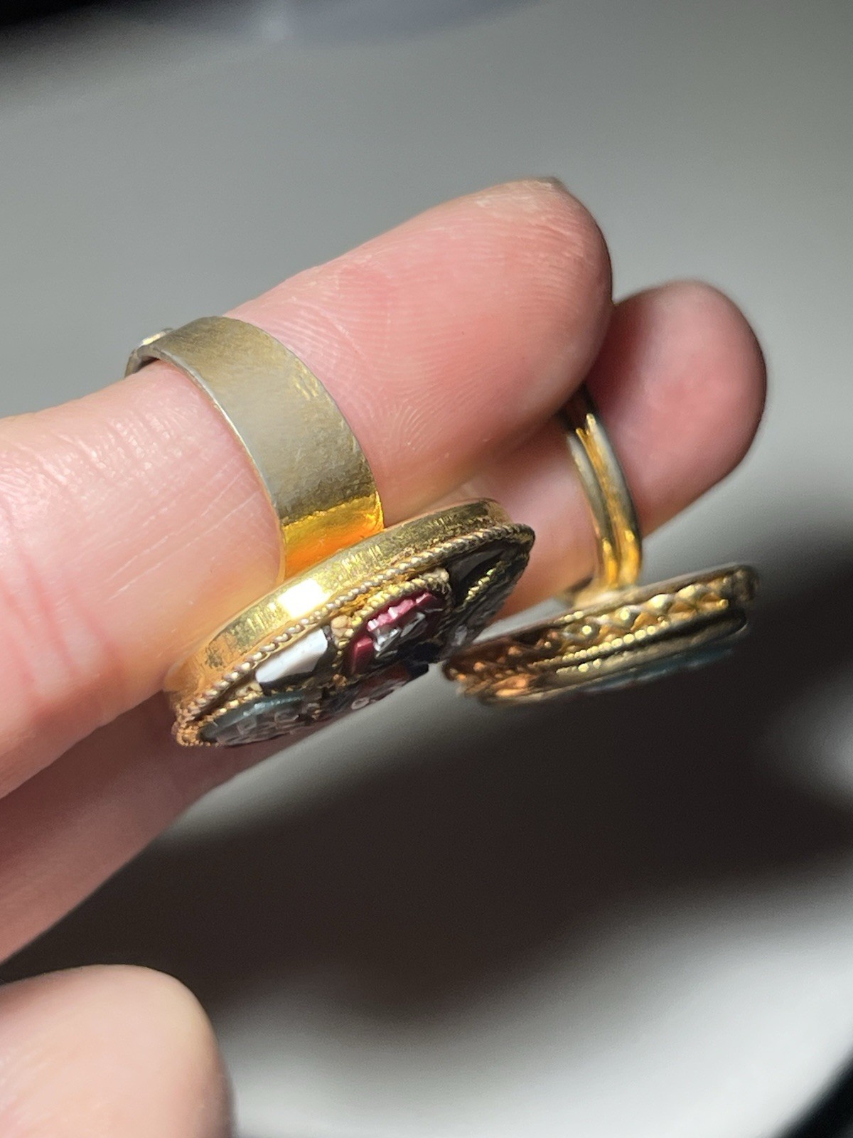 Two Vintage Italian Micro Mosaic Floral Chipped Glass Adjustable Rings