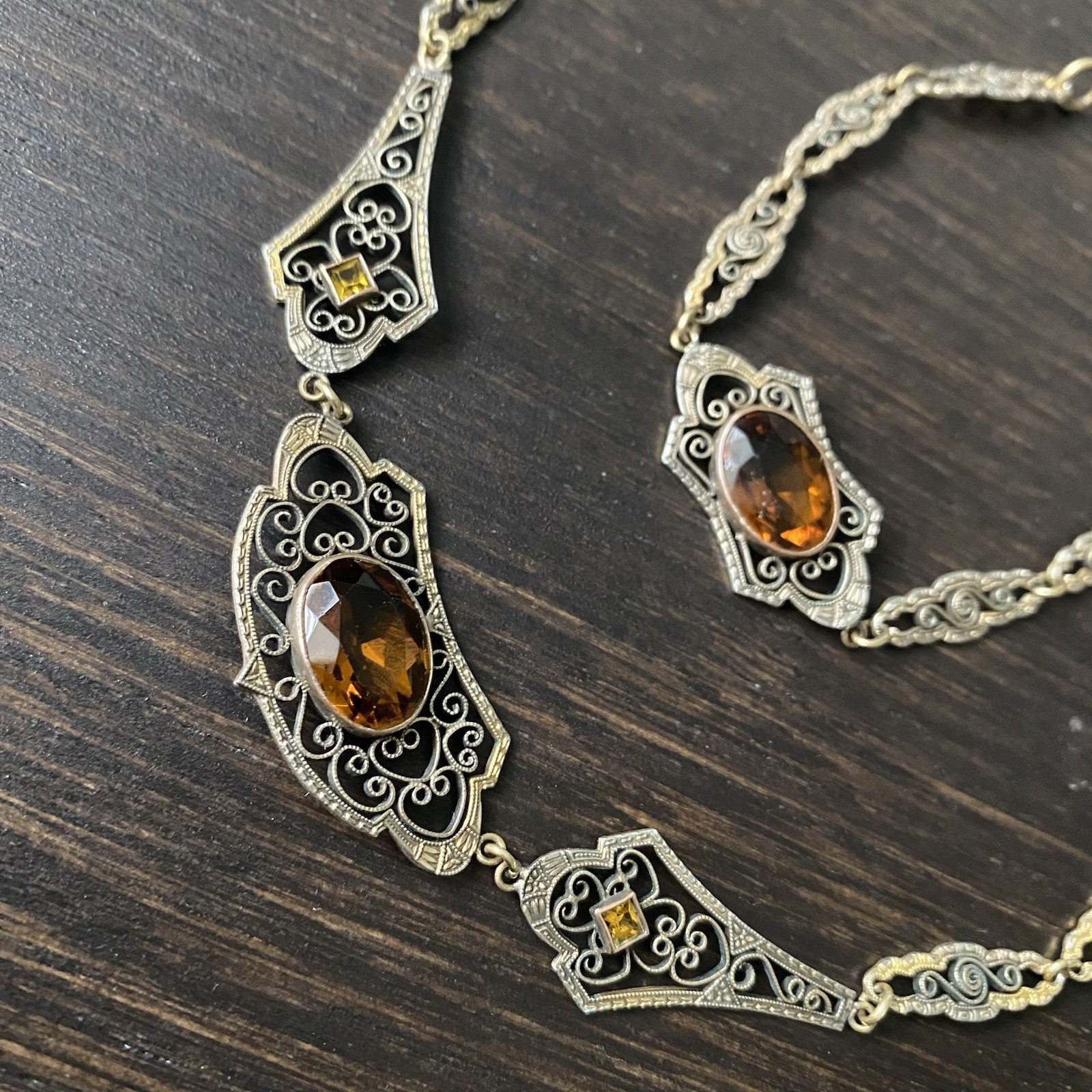 Vintage ART DECO CZECH Glass Filigree Necklace & Bracelet Set (AS-IS)