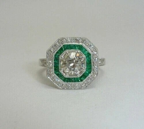 Art Deco Style Lab Created Diamond & Emerald Anniversary 14K White Gold FN Ring