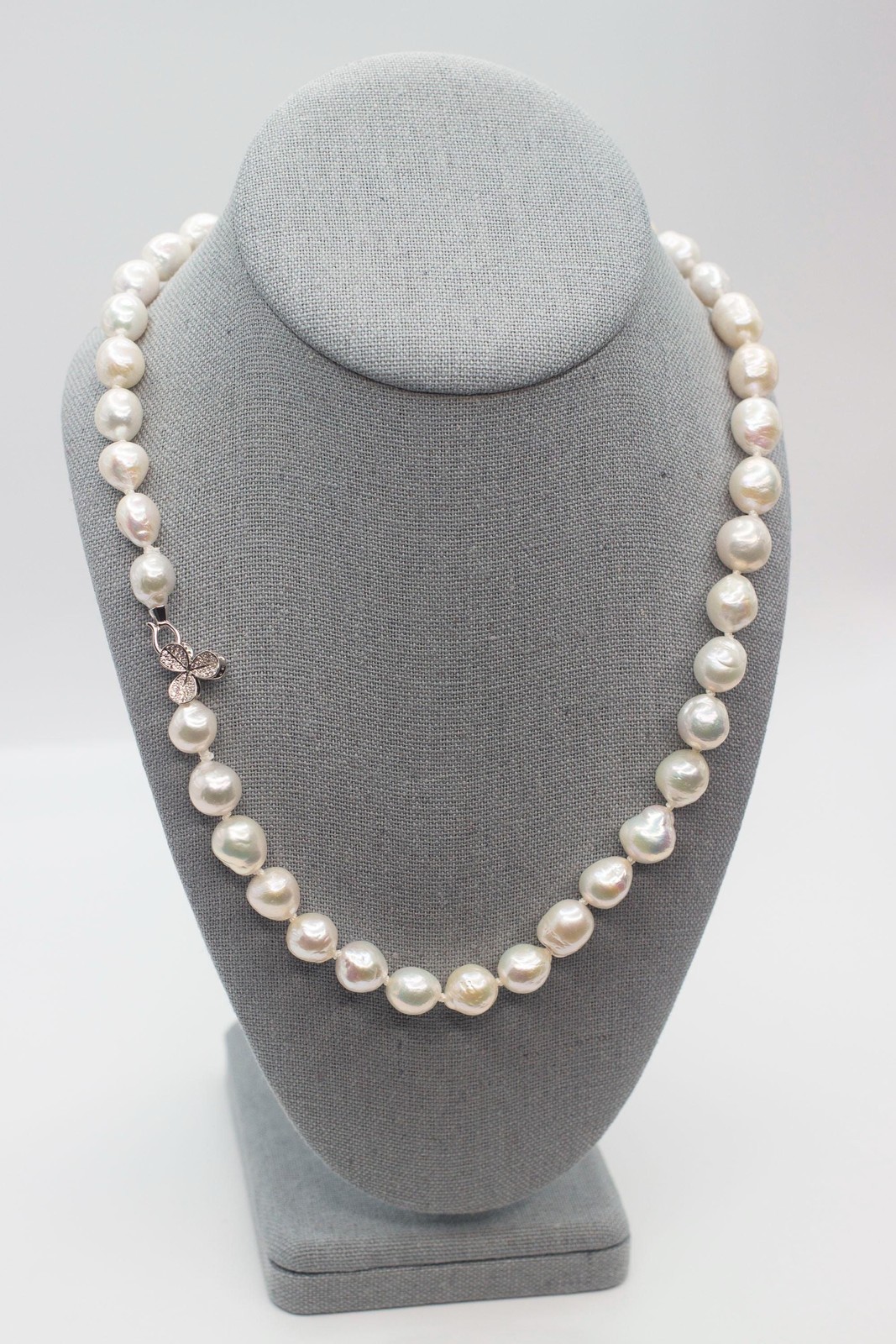 21” White Baroque Edison Pearl Necklace Kasumi Style Sterling Silver CZ Clasp