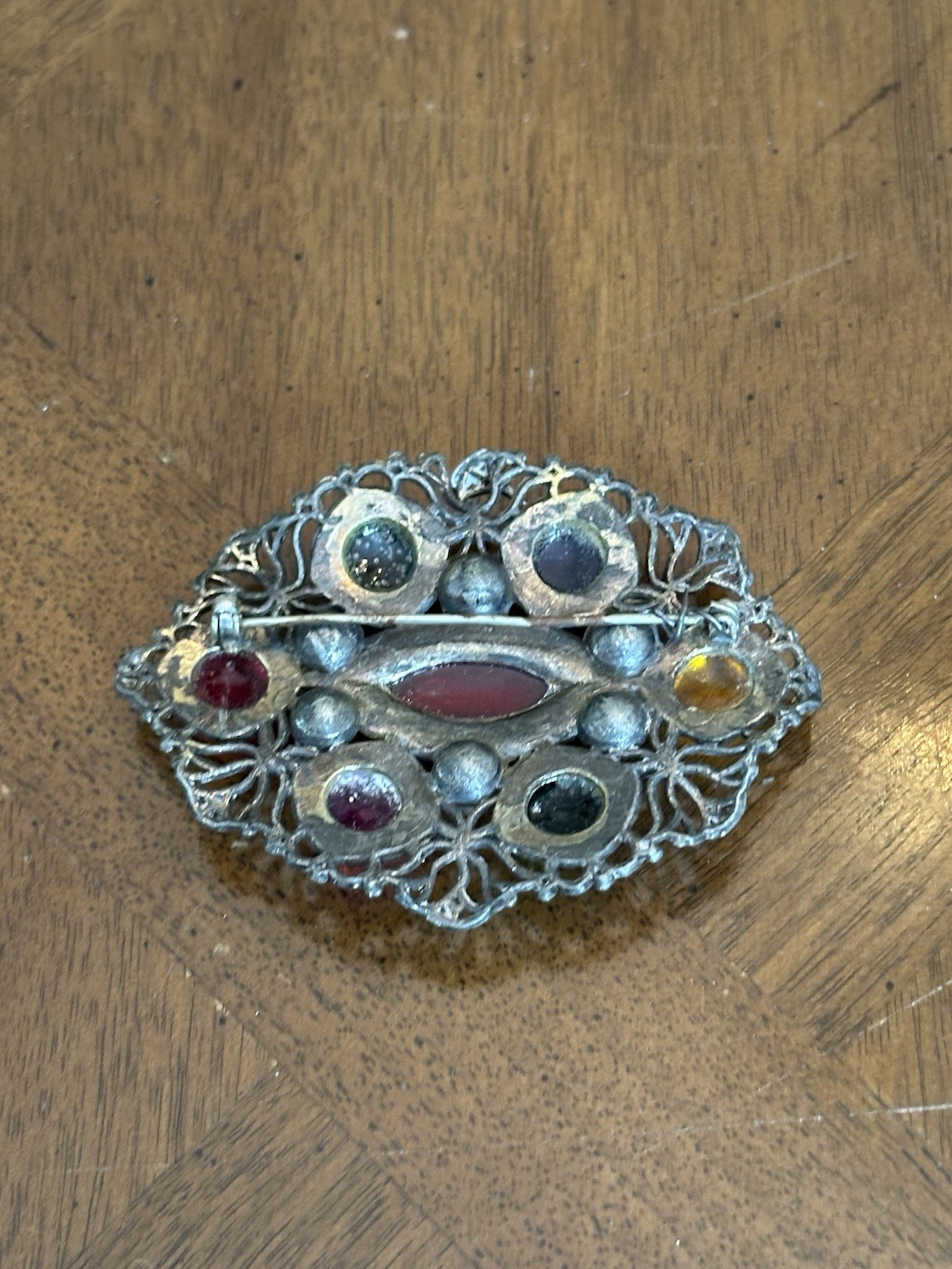 Vintage Czech? Multicolor Glass Cabochon Faux Pearl Brooch Pewter Tone Filigree!