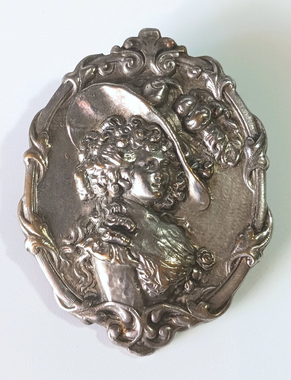 Antique Silver Art Nouveau Repousse Brooch Pendant: Fancy Lady in Large Hat