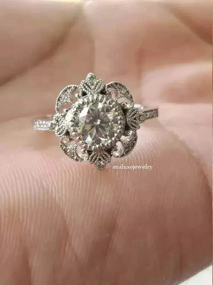 Art Deco Vintage Style Lab Created Diamond Engagement 14K White Gold Finish Ring