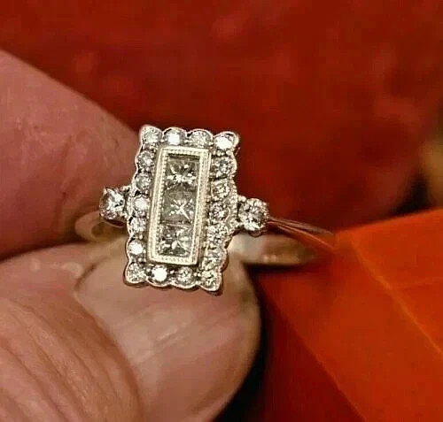 Art Deco Style Princess Lab Created Diamond Wedding Gift 14K White Gold FN Ring