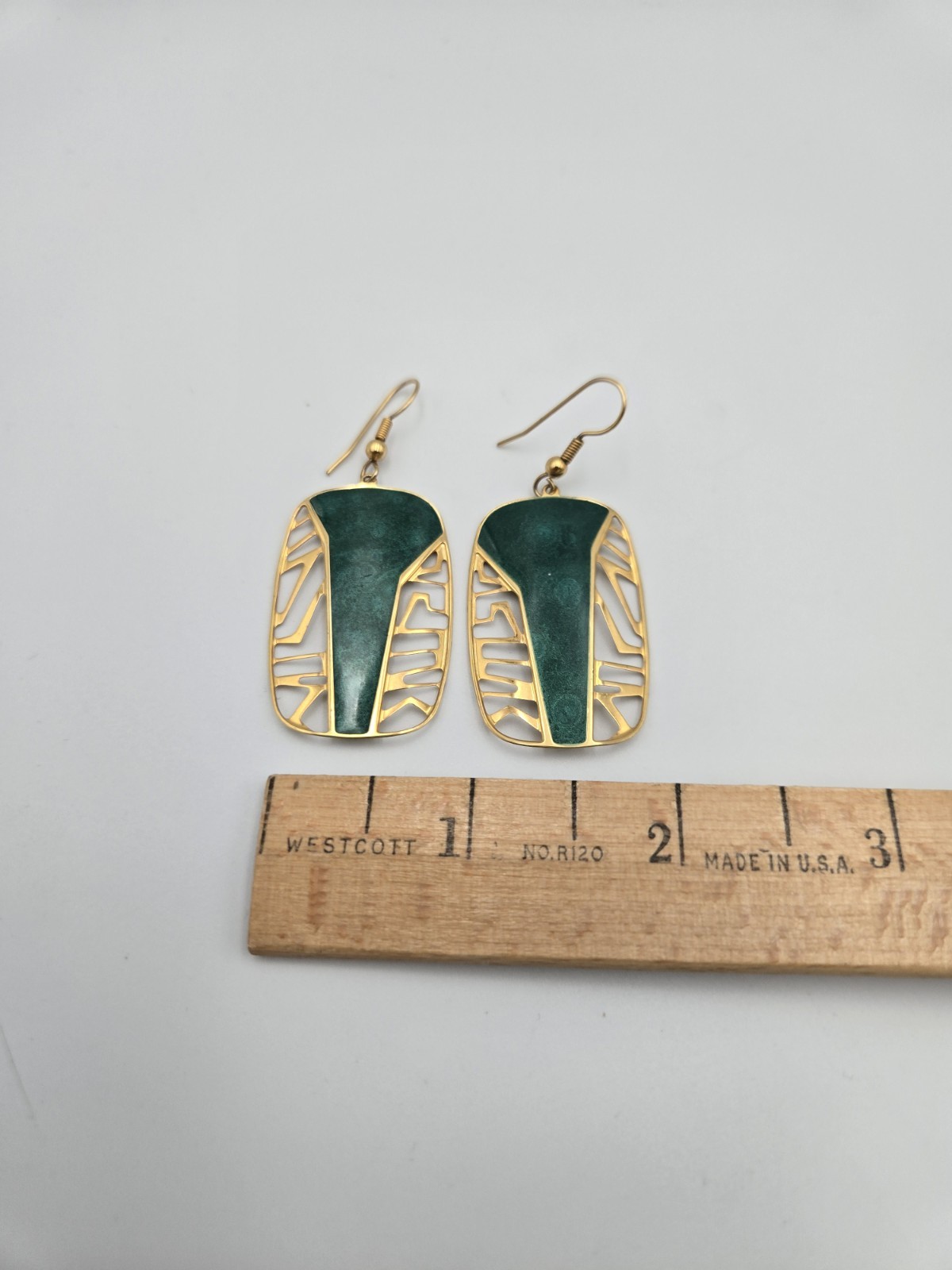 Edgar Berebi Vintage Art Deco Jade Green Enamal Dangling Gold Tone Earrings