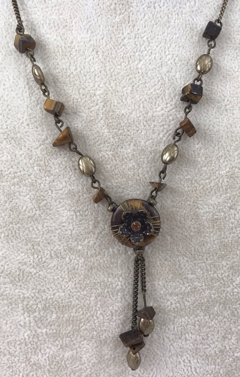 Vintage Nina Ricci Brass Tiger’s Eye Flower Pendant Necklace AVON RARE
