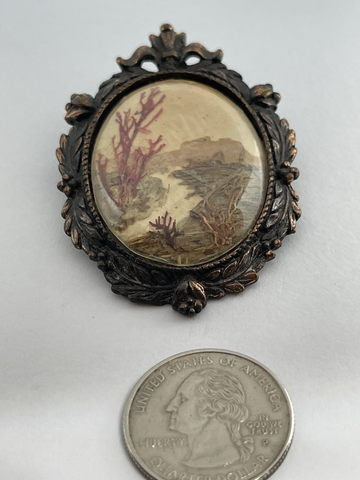 Vintage W. Australia Bark Painting Collage Landscape Copper Color Brooch Pendant
