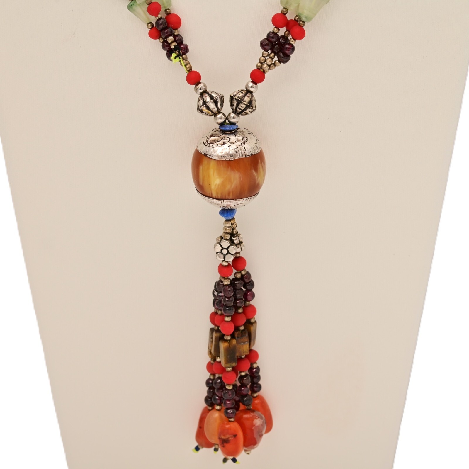 Vintage Original Sterling Silver Tribal Multi Gemstone Pendant Estate Necklace