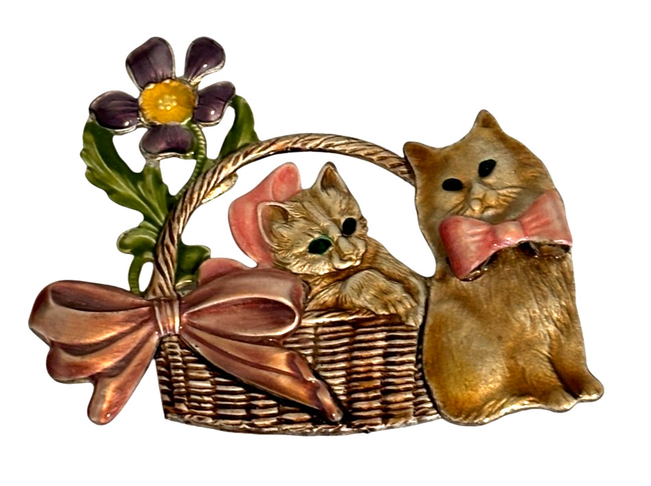 KC Enameled Cat Kitty Pin Brooch Two Kitties Basket Flower