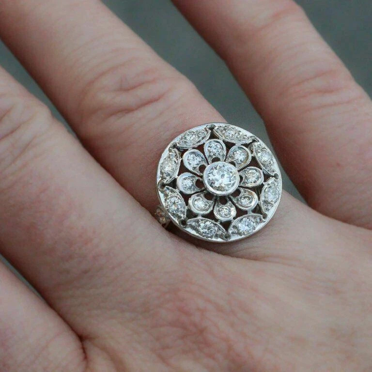 Art Deco Style Floral Round Lab Created Diamond 14K White Gold FN Wedding Ring
