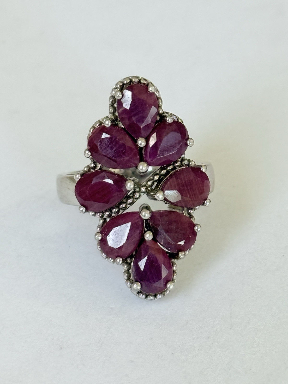 Vintage Designer Sterling Silver 925 Ruby Cluster Cocktail Ring Size 6