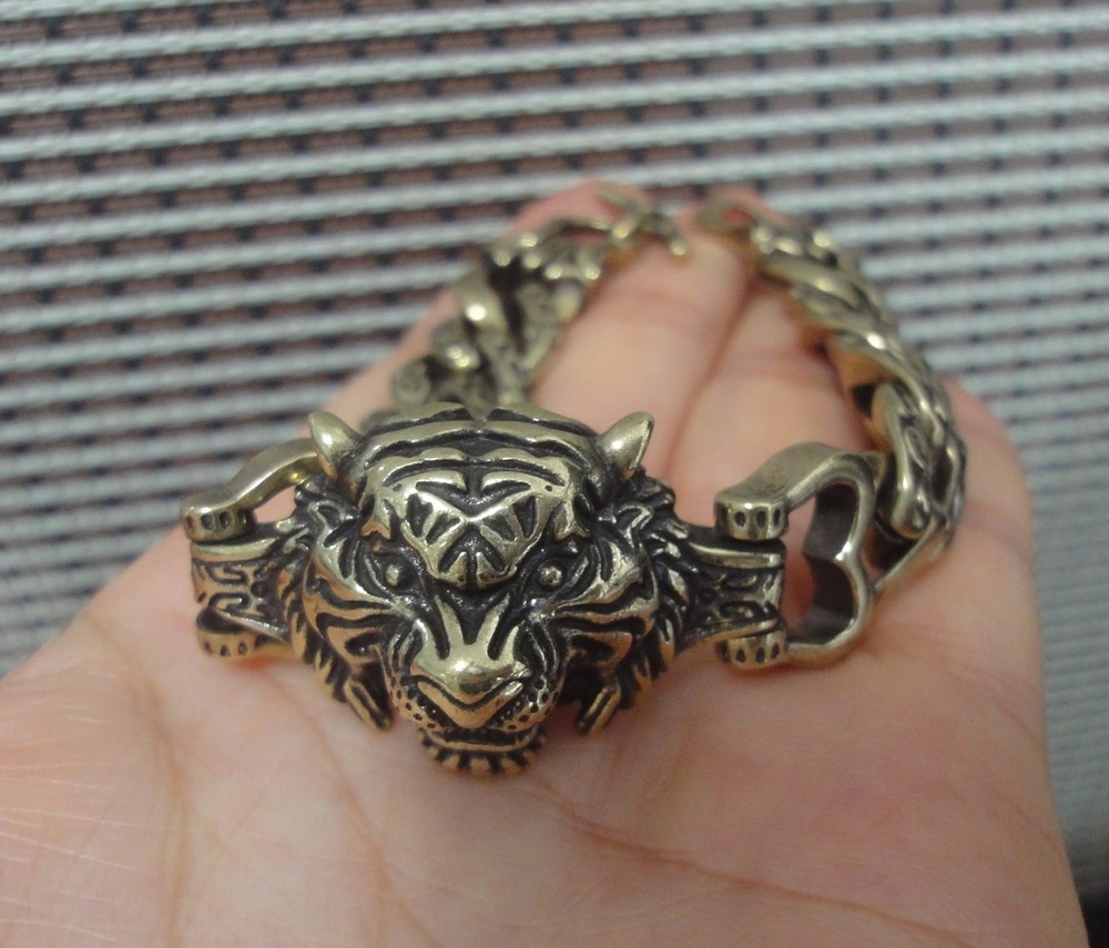Solid Brass Cool Tiger Head Statue Vintage Style Men Bracelet with Gift Box
