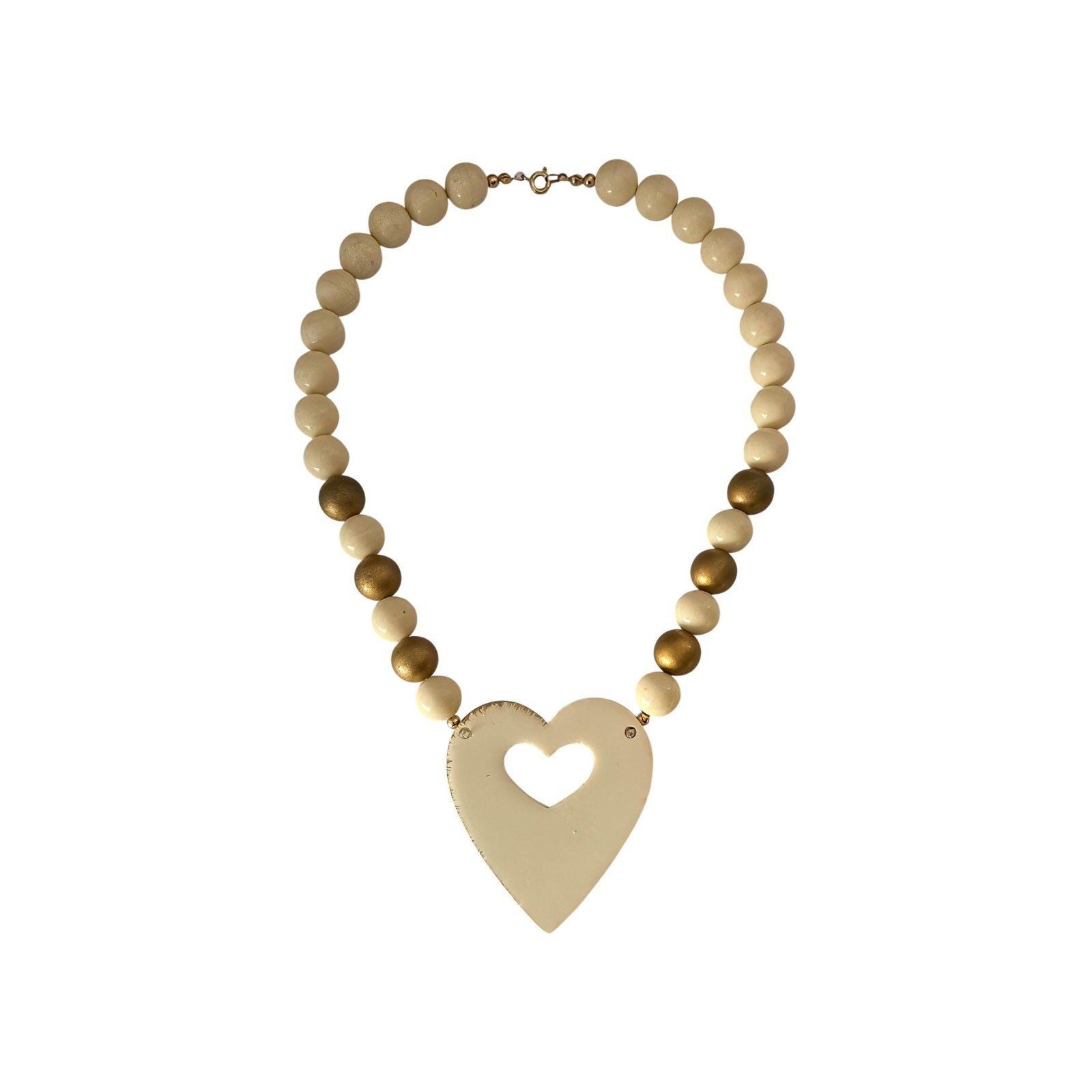Gold Heart Statement Necklace, Cream Bead Chunky Jewelry, Gift for Her