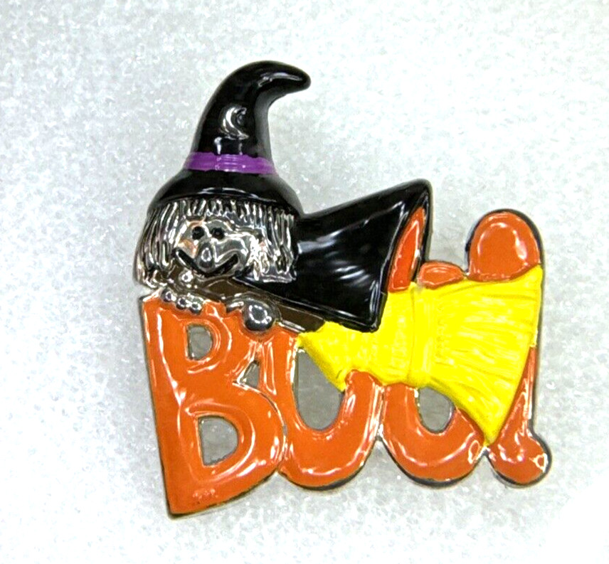 Vintage Pin Halloween Witch On Broom “Boo” Enamel Brooch Pendant Signed Best