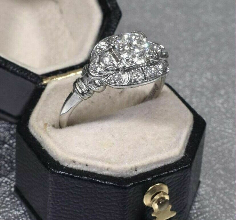 1.2CT White Round Cut Simulated Diamond Art Deco Vintage Wedding 925 Silver Ring