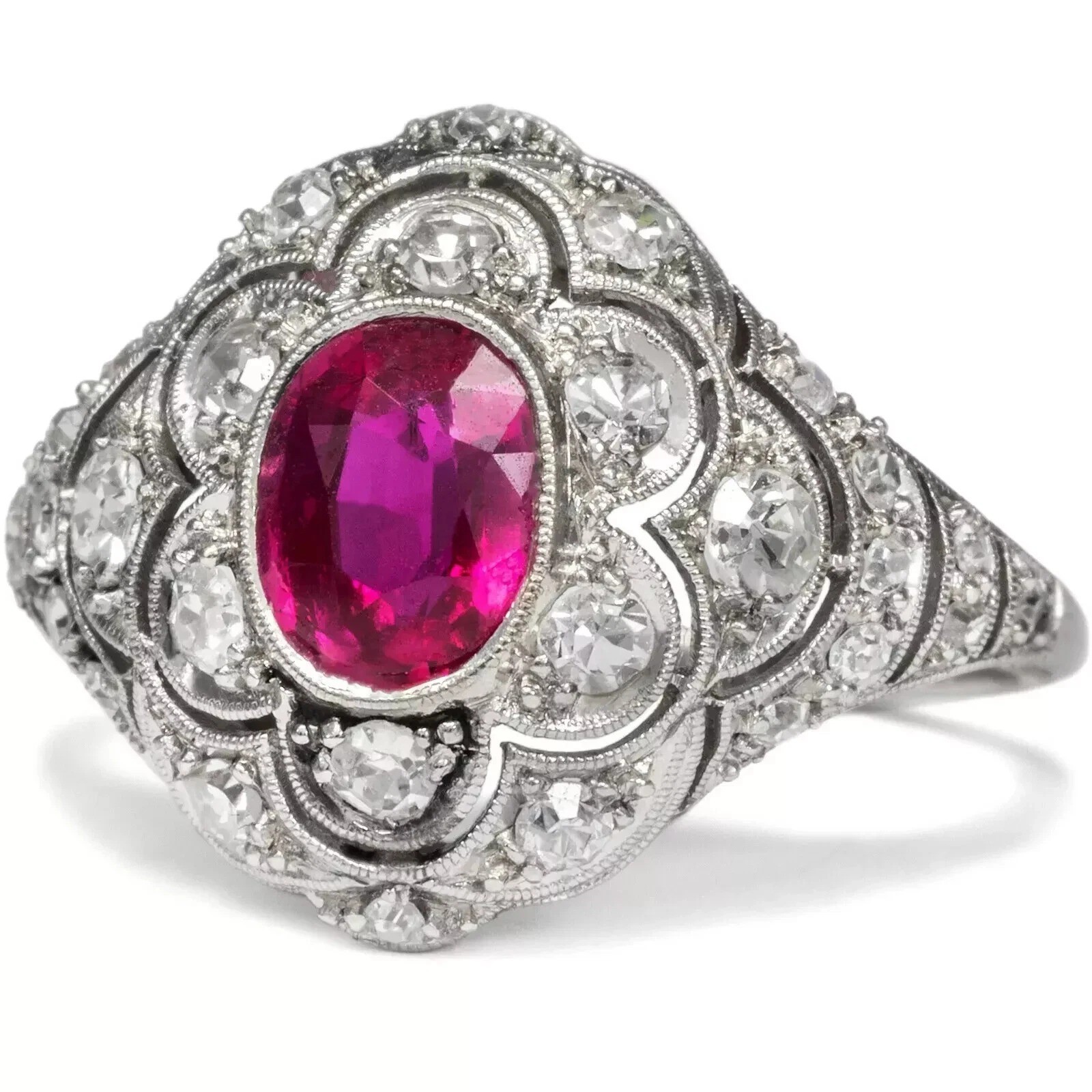 3.55Ct Art Deco Vintage Lab Created Ruby 14K White Gold FN Engagement Halo Ring