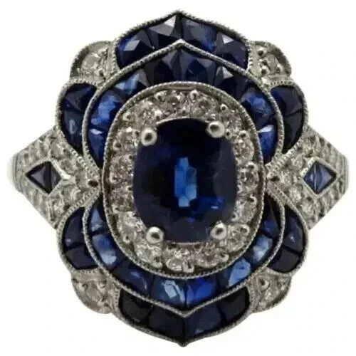 Art Deco Style Oval Cut Sapphire Lab Created Diamond Engagement 925 Silver Ring