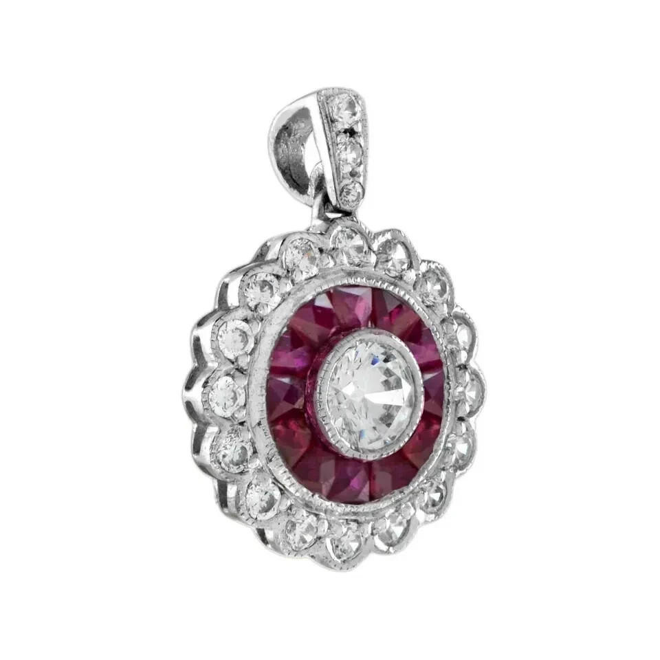 2Ct Art Deco Style Lab-Created Diamond & Ruby Wedding 14K White Gold FN Pendant