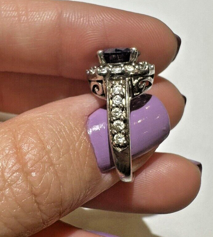 Vintage Silver Cluster CZ Blue Purple Sapphire Amethyst Rhinestone Sz5 Ring DA1