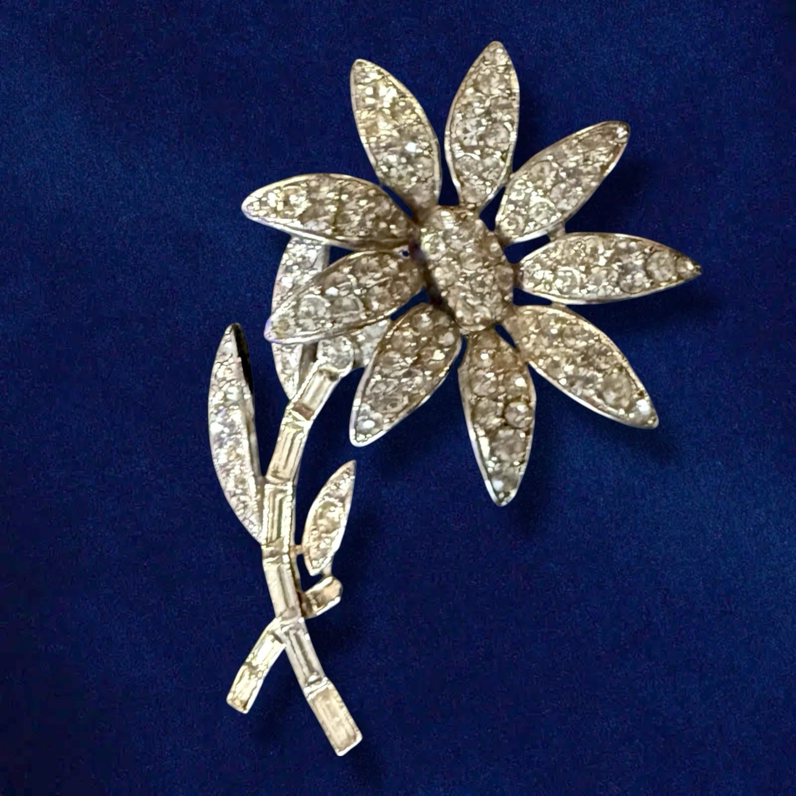 Rhinestone Flower Brooch Signed ORA Rhodium 1940s Large Vintage Pin 3 Inch