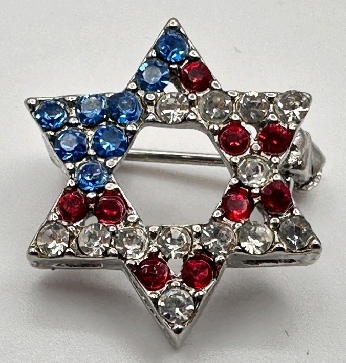 Vintage 80s Patriotic Jewish Star Multicolor Rhinestone Crystal Brooch Jewelry