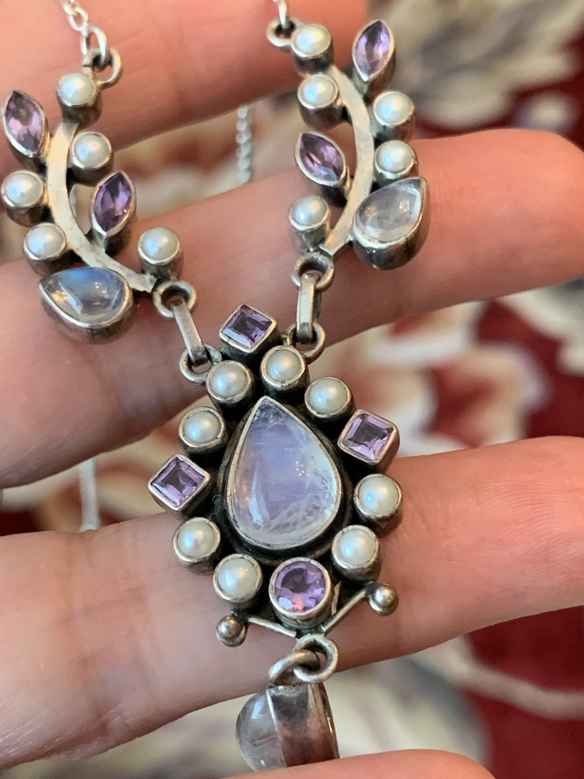 Sterling multi gem necklace vintage made in India. rare. Amethyst, moonstone