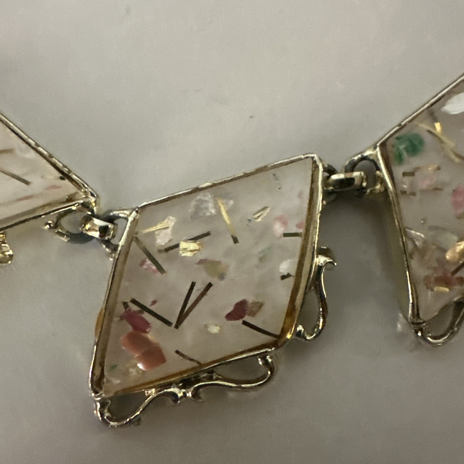 VTG 1950s PAM Confetti Lucite Jewelry Set Bracelet Necklace Earrings Gold Tone