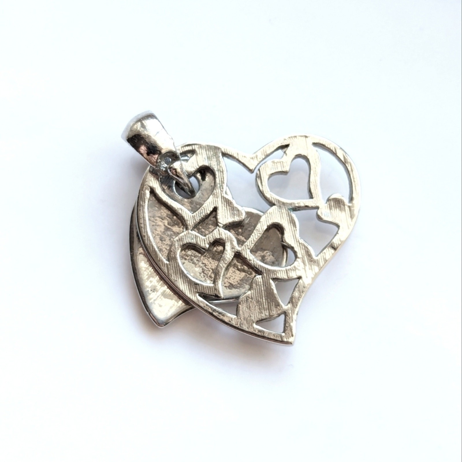 Trendy Pave Rhinestone Layered Silver Tone Open Work Love Heart Necklace Pendant